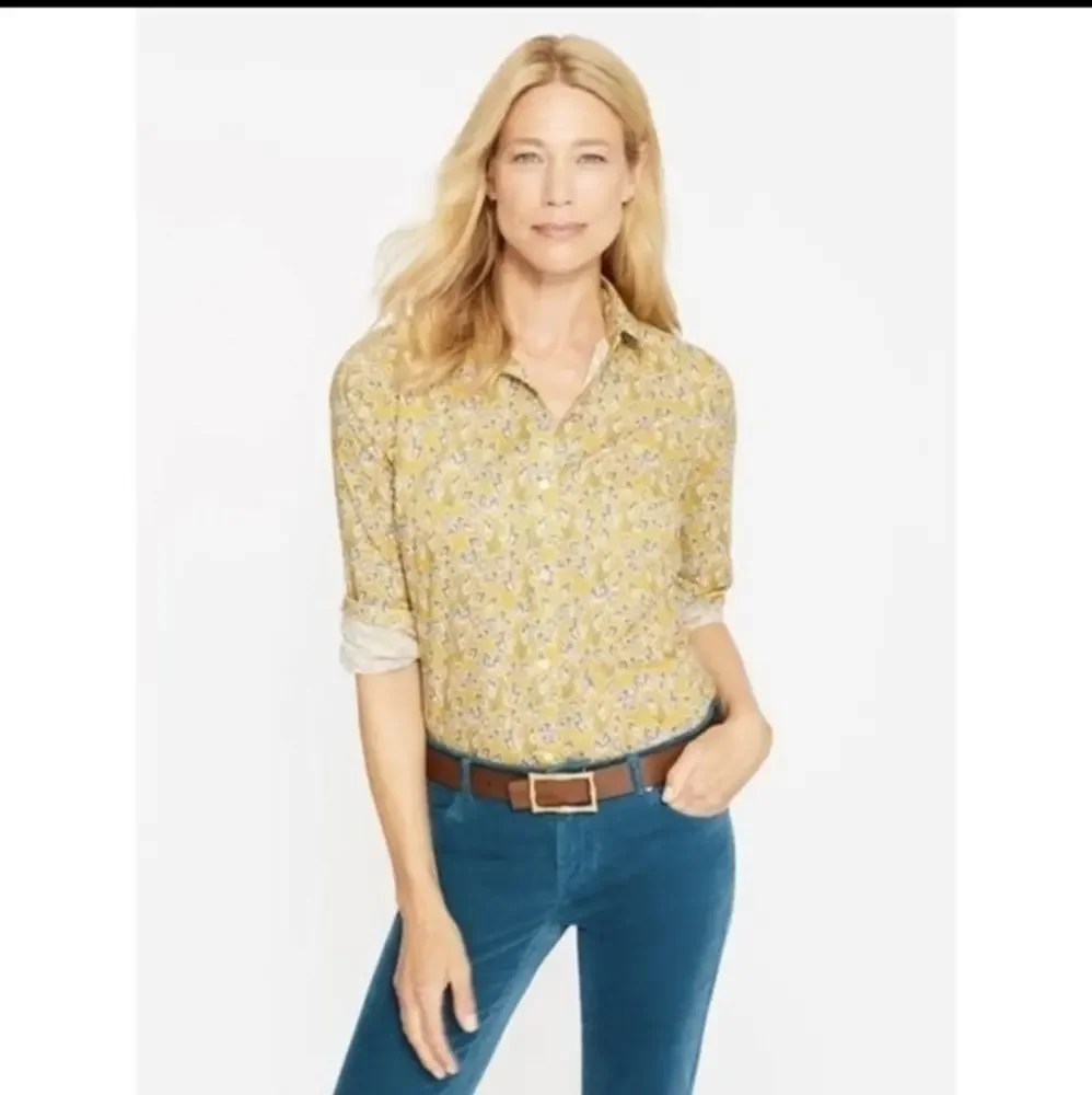 J McLaughlin 100% Cotton Feather Print‎ Button Up Shirt Long Sleeve Yellow Small